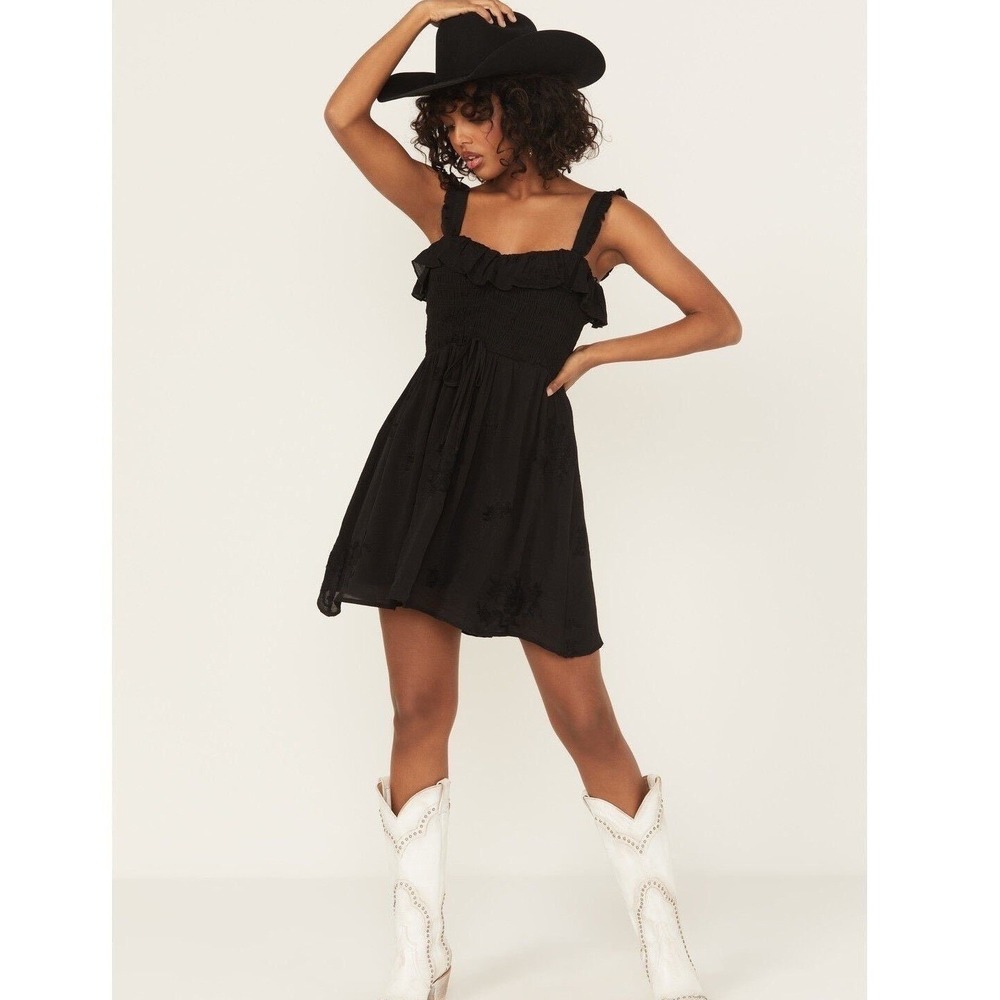 Wild Moss Womens Smocked Body Mini Dress Black Floral Embroidered Ruffle L NWT